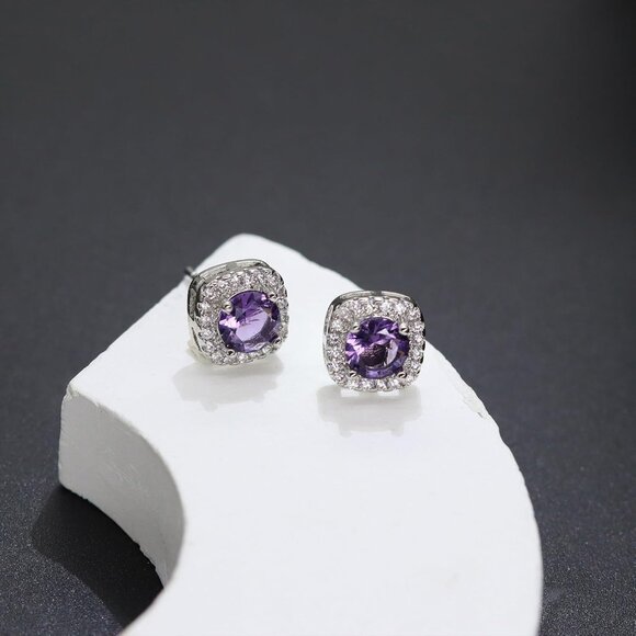 Women's Purple Square Simulated Dainty Diamond Halo Sparkling Stud Earring - Picture 8 of 9
